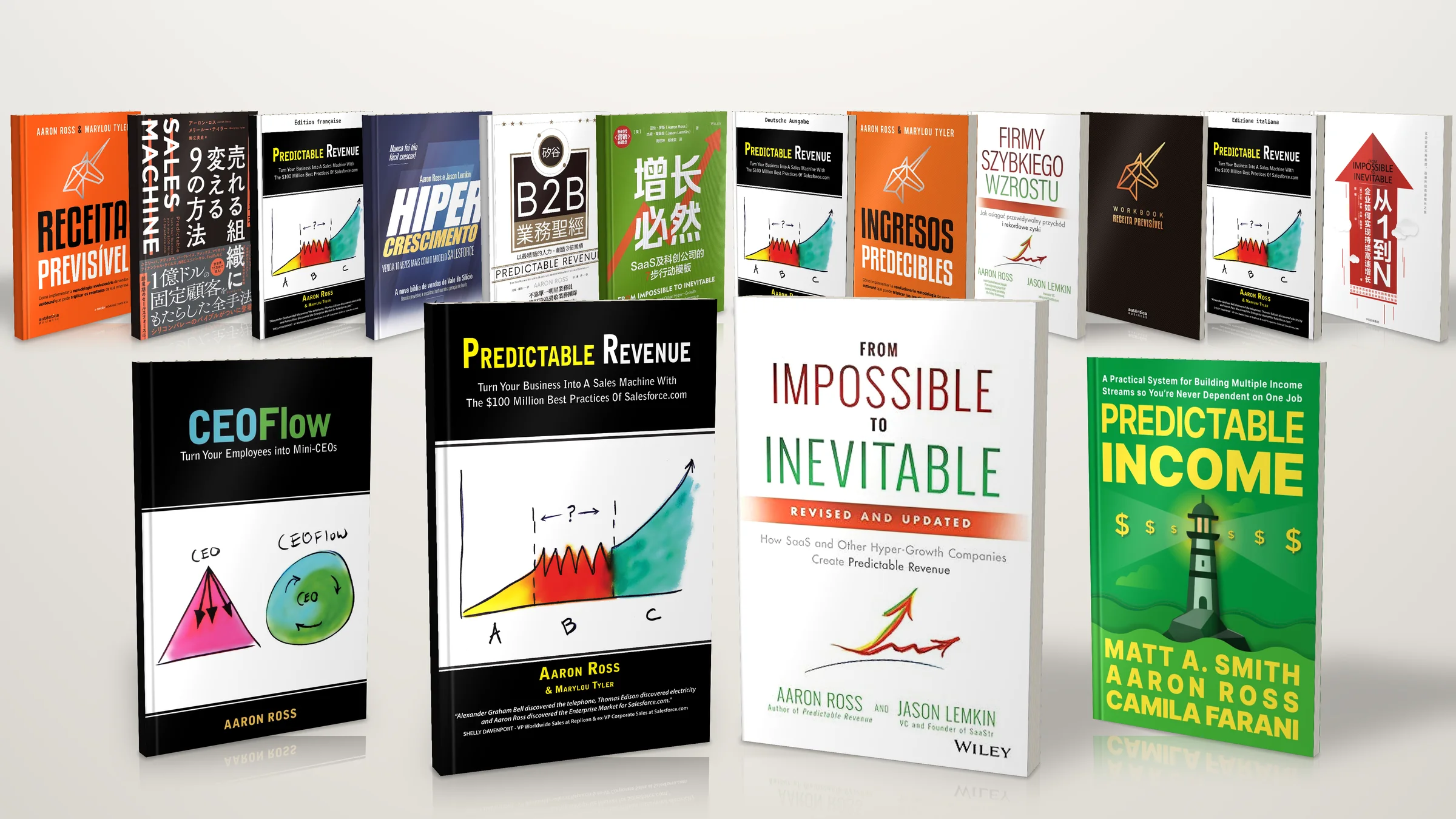 Aaron Ross books: Predictable Revenue, From Impossible to Inevitable, Predictable Income and CEOFlow, with translated editions